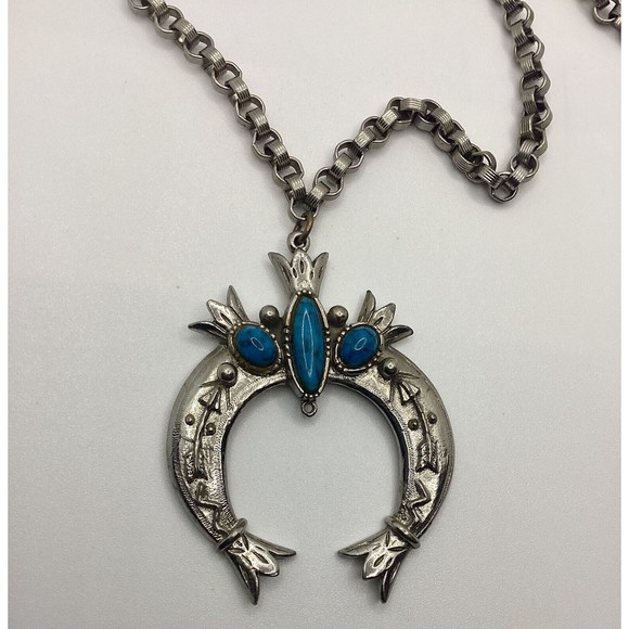 Vintage Necklace Signed ART Arthur Pepper 24” Silver Tone Turquoise Pendant - Picture 3 of 7